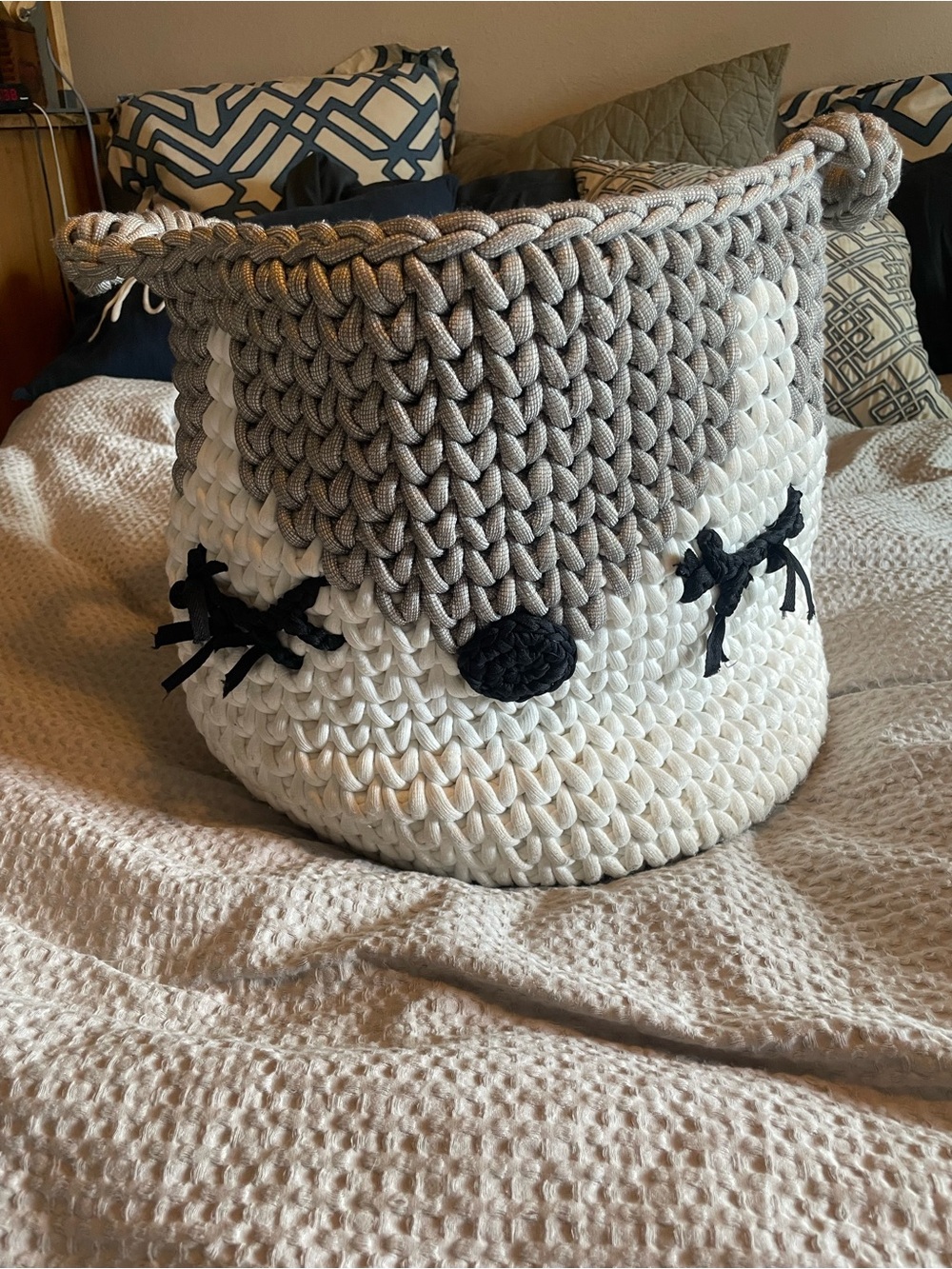 Crochet Cat Storage Basket | Gray & Ivory Rope Basket | Nursery & Toy Storage